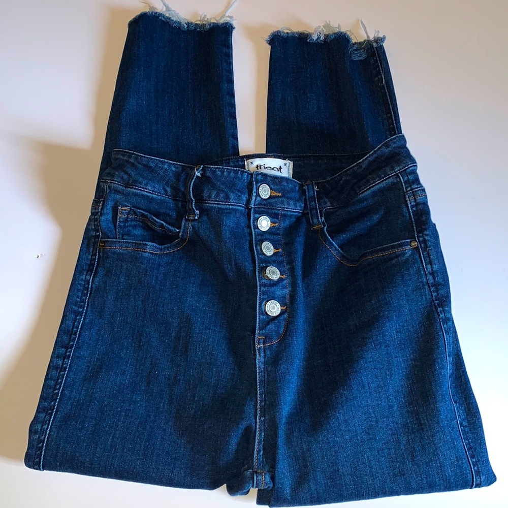 Tricot Button Fly Distressed Hem Jeans